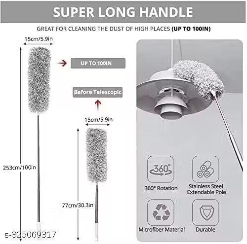 Microfiber Feather Duster Bendable & Extendable Fan Cleaning Duster with 100 inches Expandable Pole Handle Washable Duster for High Ceiling Fans, Window Blinds,